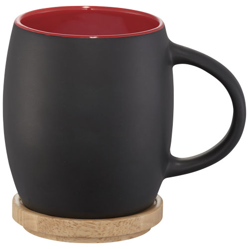 Hearth Ceramic Mug with Wood Lid/Coaster in black-solid-and-red