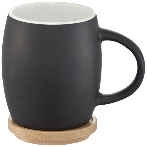 Hearth Ceramic Mug with Wood Lid/Coaster in black-solid-and-white-solid
