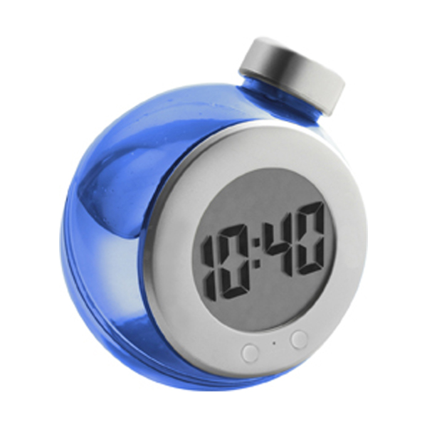 LCD water powered desk clock in blue-and-silver