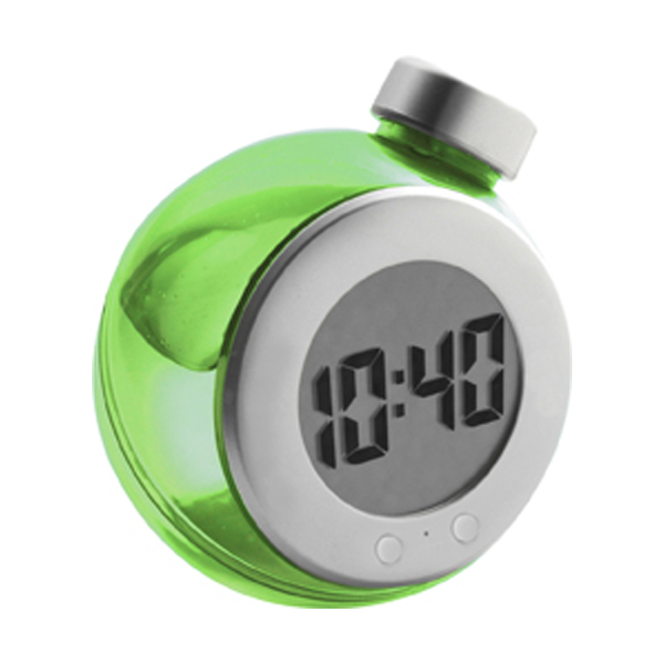 LCD water powered desk clock in green-and-silver