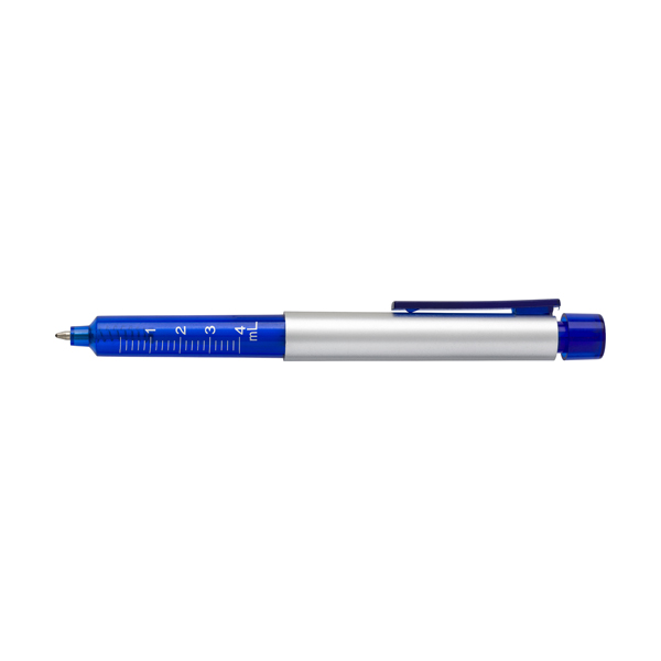 Plastic syringe shaped ballpen with blue ink. in blue