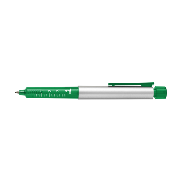 Plastic syringe shaped ballpen with blue ink. in green