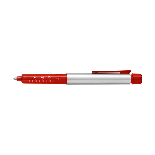 Plastic syringe shaped ballpen with blue ink. in red