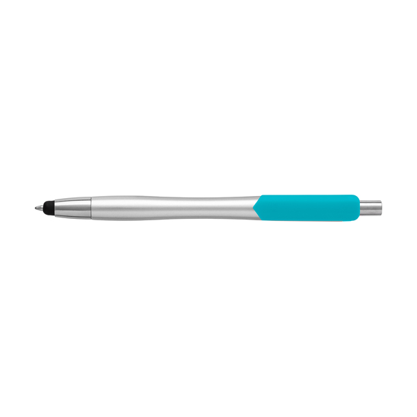 Plastic ballpen with a rubber tip and black ink. in cyan