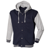 Unisex Baseball Jacket With Detachable Hood in navy-heathergrey