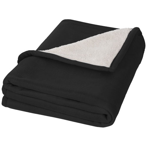 Springwood soft fleece and sherpa plaid blanket in black-solid-and-off-white