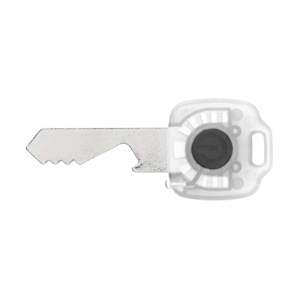 Key shaped metal bottle opener with a push button LED light. in white