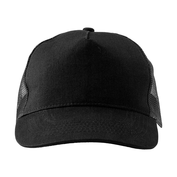 Cotton twill and plastic five panel cap. in black