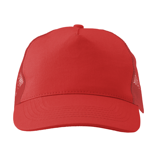 Cotton twill and plastic five panel cap. in red