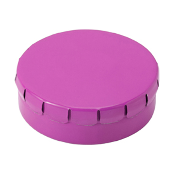 Mint tin with approximately forty sugar free mints with a click type lid. in fuchsia