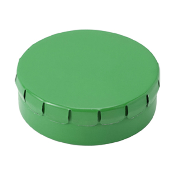 Mint tin with approximately forty sugar free mints with a click type lid. in green