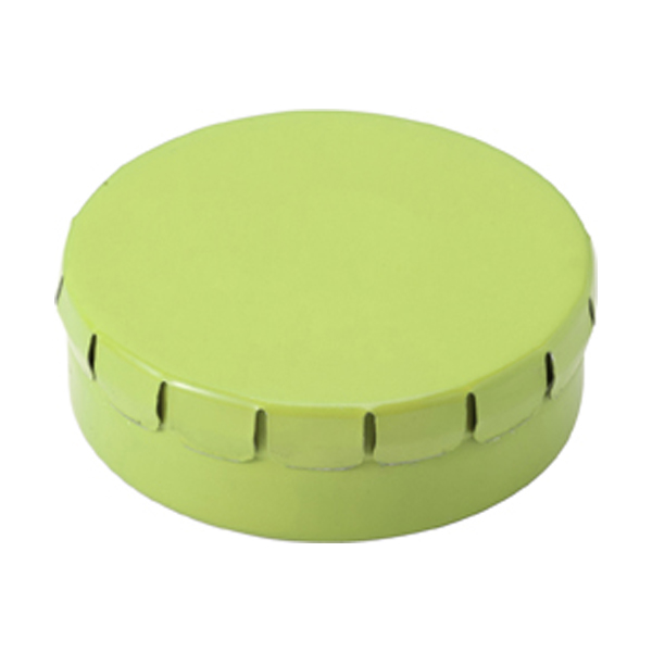 Mint tin with approximately forty sugar free mints with a click type lid. in lime