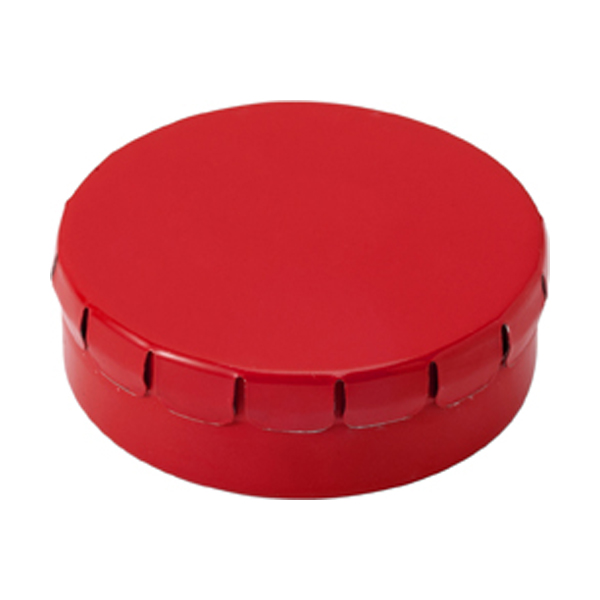 Mint tin with approximately forty sugar free mints with a click type lid. in red