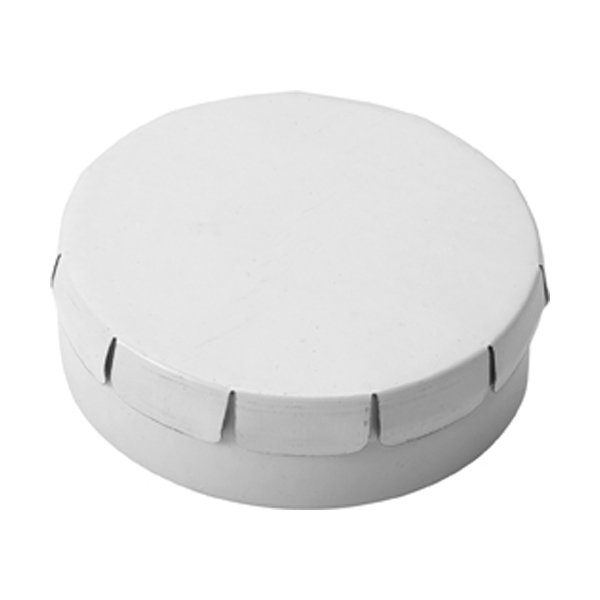 Mint tin with approximately forty sugar free mints with a click type lid. in white