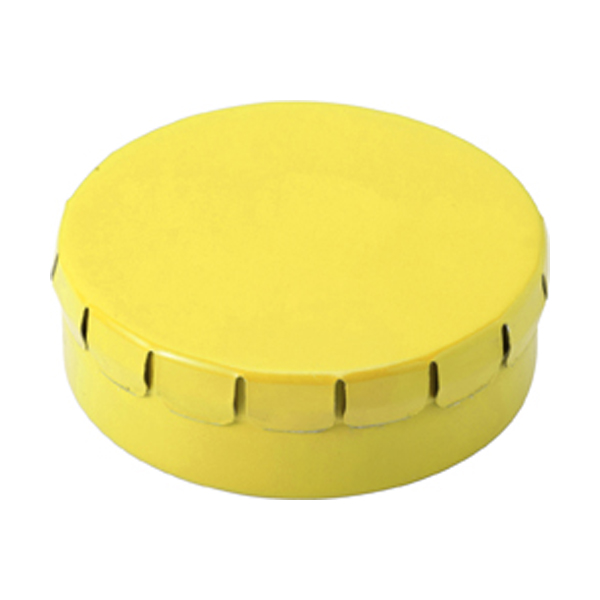 Mint tin with approximately forty sugar free mints with a click type lid. in yellow