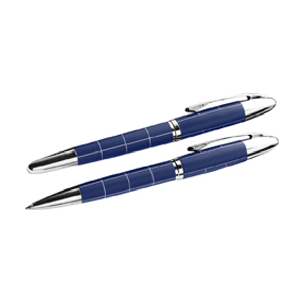 Metal ballpen and rollerpen in blue-and-silver