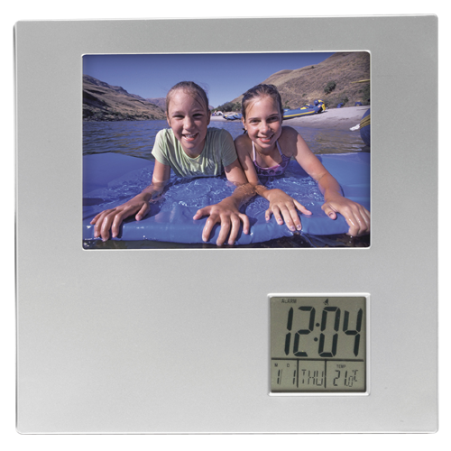 Photo frame with digital clock in silver