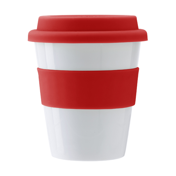 Plastic 356ml drinking mug. in red