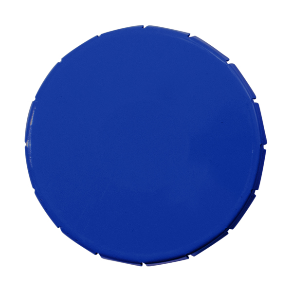 Plastic round container with coloured click type lid made of tin, filled with approx. 12 gr of sugar free mints.  in blue