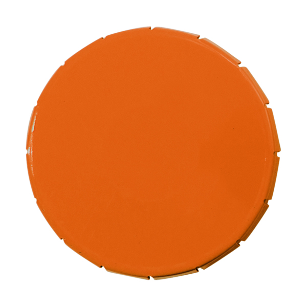 Plastic round container with coloured click type lid made of tin, filled with approx. 12 gr of sugar free mints.  in orange