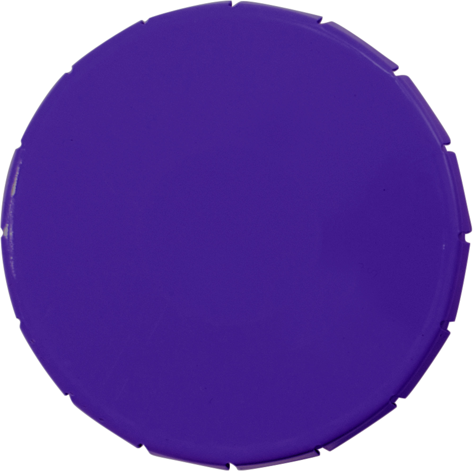 Plastic round container with coloured click type lid made of tin, filled with approx. 12 gr of sugar free mints.  in purple-1