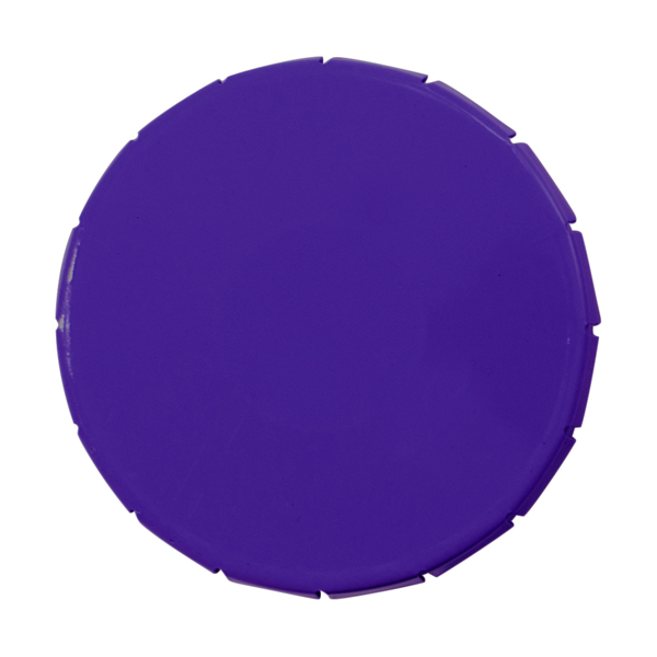 Plastic round container with coloured click type lid made of tin, filled with approx. 12 gr of sugar free mints.  in purple