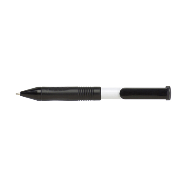 Twist action plastic ballpen with black ink and metal bottle opener. in black