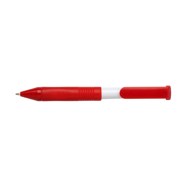 Twist action plastic ballpen with black ink and metal bottle opener. in red