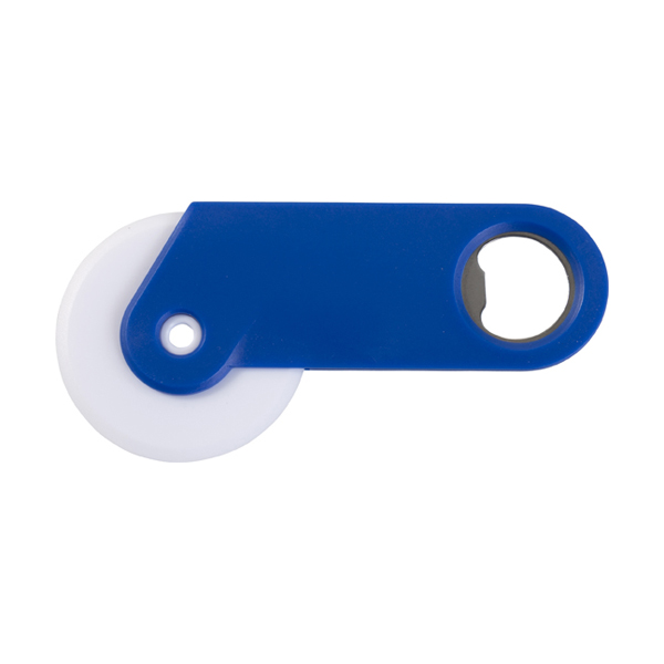 Plastic pizza cutter and bottle opener. in cobalt-blue