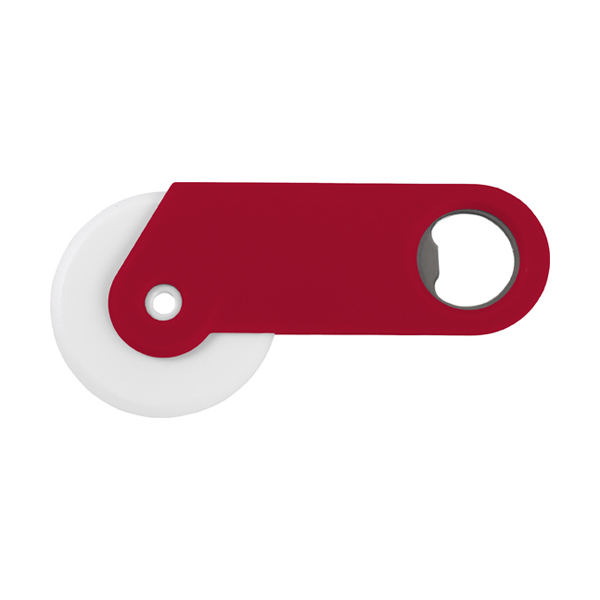 Plastic pizza cutter and bottle opener. in red