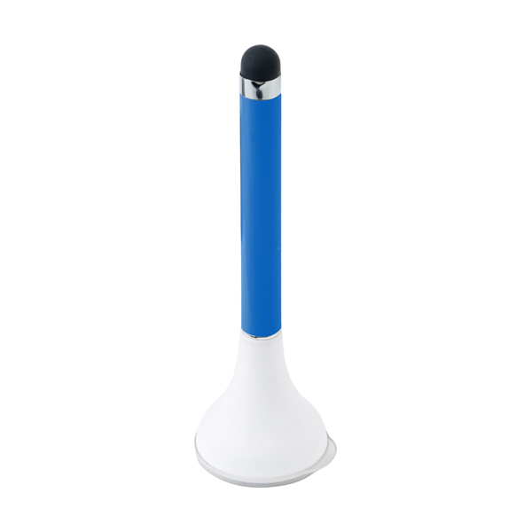Plastic ballpen with rubber tip and a small screen cleaner. Blue ink. in blue