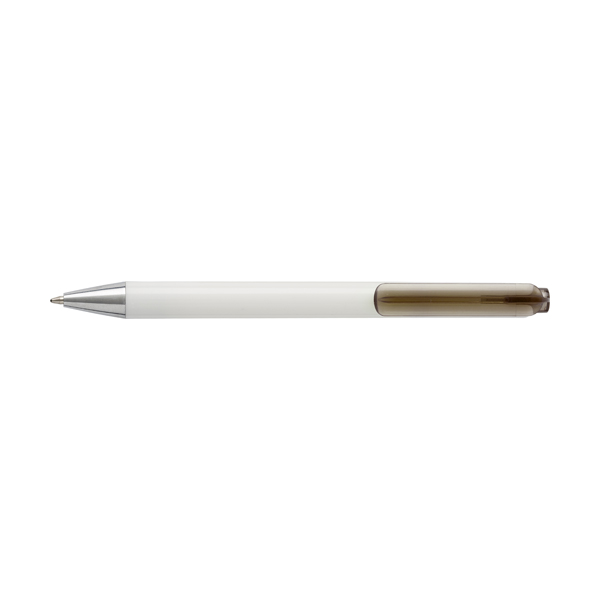 Plastic ballpen with white barrel and translucent coloured clip. blue ink. in black