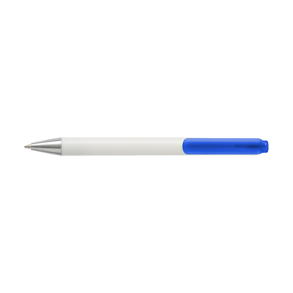 Plastic ballpen with white barrel and translucent coloured clip. blue ink. in blue