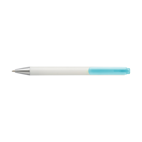 Plastic ballpen with white barrel and translucent coloured clip. blue ink. in light-blue
