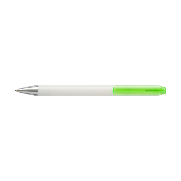 Plastic ballpen with white barrel and translucent coloured clip. blue ink. in lime