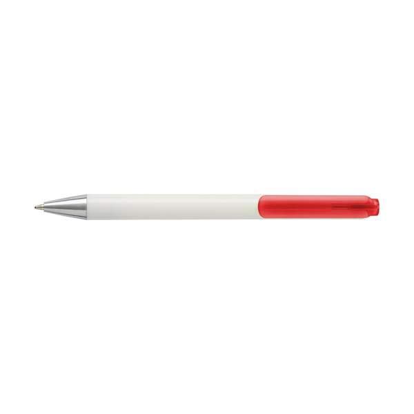 Plastic ballpen with white barrel and translucent coloured clip. blue ink. in red