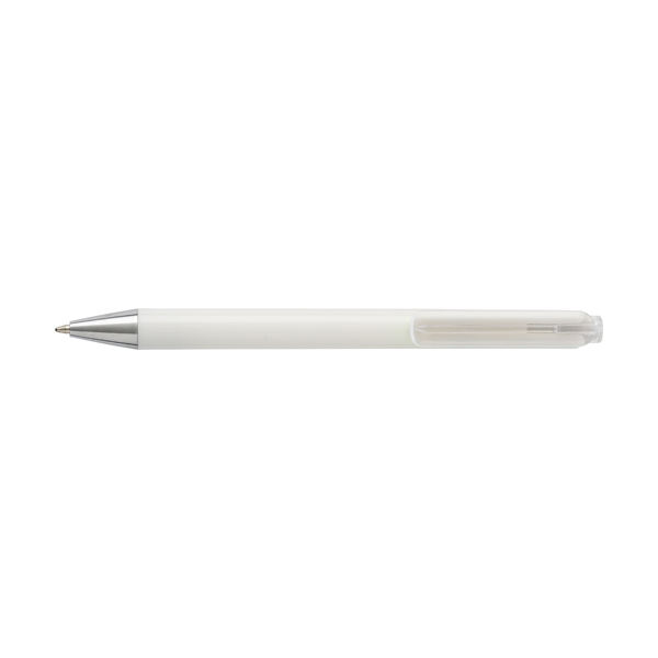 Plastic ballpen with white barrel and translucent coloured clip. blue ink. in white