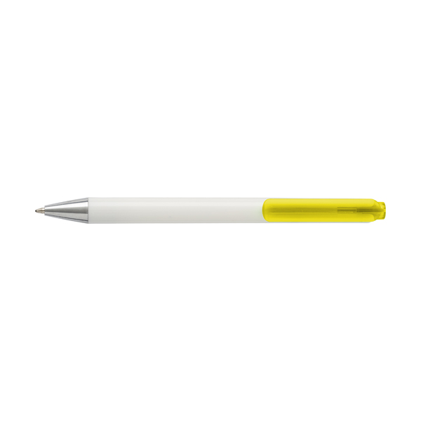Plastic ballpen with white barrel and translucent coloured clip. blue ink. in yellow