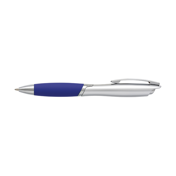 ABS ballpen with metal clip and rubber grip, blue ink.  in blue