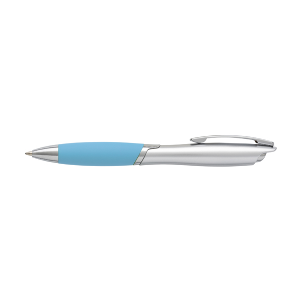ABS ballpen with metal clip and rubber grip, blue ink.  in light-blue