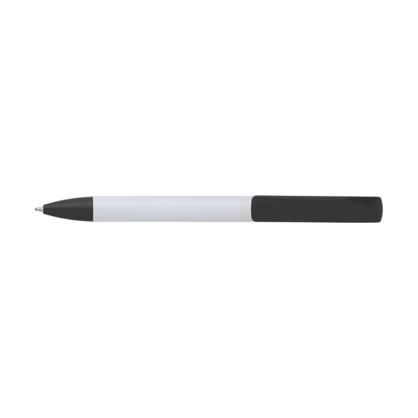 Plastic ballpen with a white barrel and coloured trim, blue ink.  in black