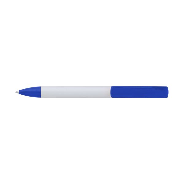 Plastic ballpen with a white barrel and coloured trim, blue ink.  in blue