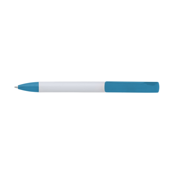Plastic ballpen with a white barrel and coloured trim, blue ink.  in light-blue