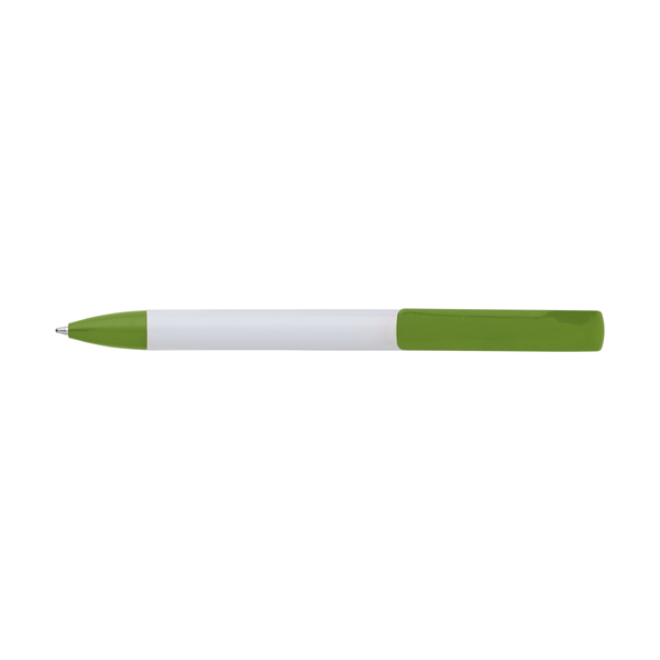 Plastic ballpen with a white barrel and coloured trim, blue ink.  in lime