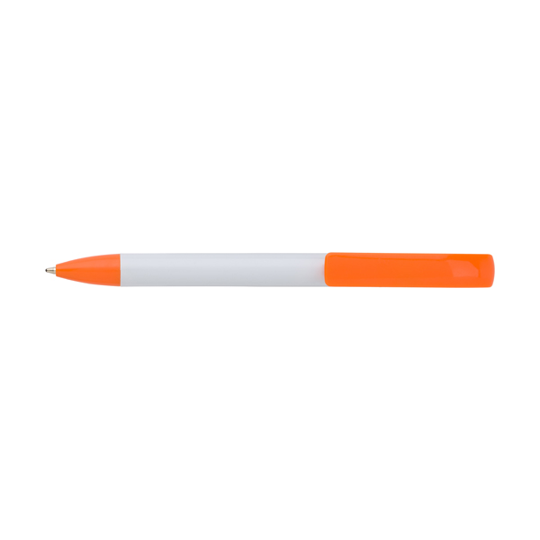 Plastic ballpen with a white barrel and coloured trim, blue ink.  in orange