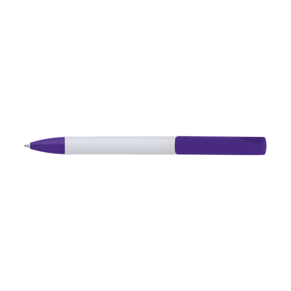 Plastic ballpen with a white barrel and coloured trim, blue ink.  in purple
