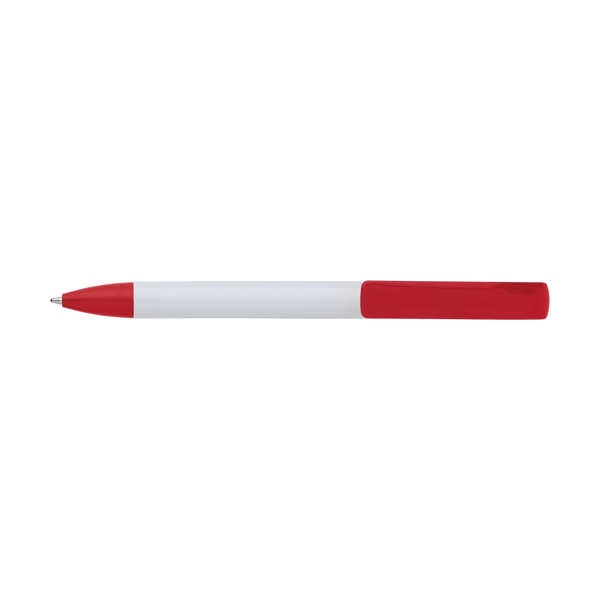 Plastic ballpen with a white barrel and coloured trim, blue ink.  in red