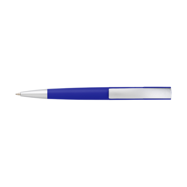 Plastic twist action ballpen with a curved clip, blue ink. in blue
