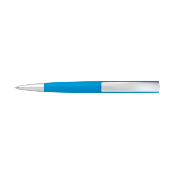 Plastic twist action ballpen with a curved clip, blue ink. in light-blue