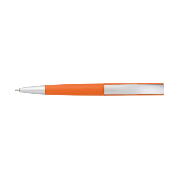 Plastic twist action ballpen with a curved clip, blue ink. in orange